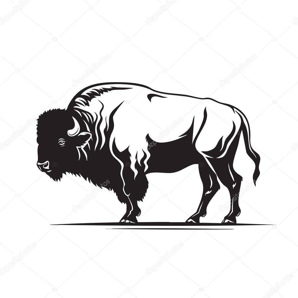 Vector of american bison in black and white silhouette style, Side view wildlife illustration. Animals.