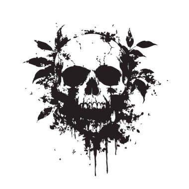 Kafatasının yapraklı vektörü, gotik, korku ve doğa temalarını çarpıcı bir dövme tarzında harmanlıyor..