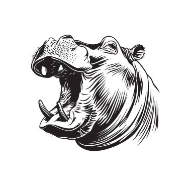 Vector of a roaring hippopotamus with its mouth wide open, showcasing powerful tusks and fierce expression in a tattoo-style design. clipart