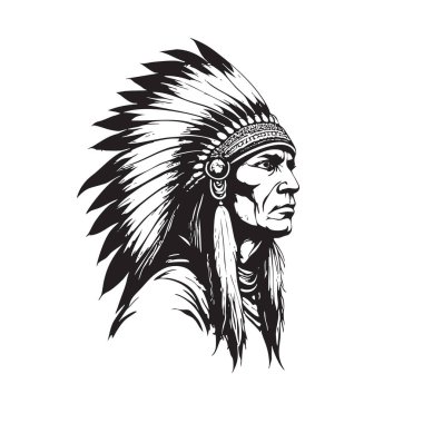 Geleneksel tüylü başlıklı yerli bir Amerikan şefinin illüstrasyon vektörü. Güçlü, metanetli ifade, logolar ve tasarımlar için mükemmel.
