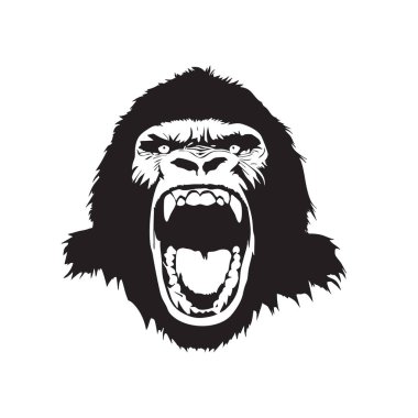 Saldırgan bir goril suratının siluet vektörü, açık ağızlı, ham güç, yoğunluk ve çarpıcı görsel etki gösteren koyu siyah-beyaz. Vahşi Yaşam Hayvanları.
