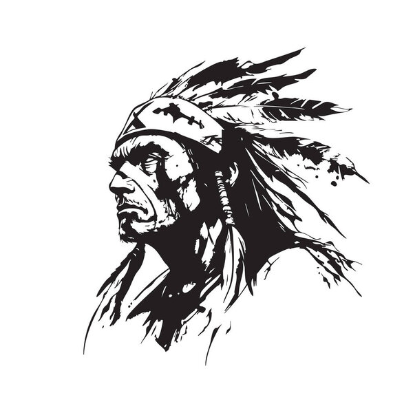 Illustration vector of a Native American chief in a traditional feathered headdress. Strong, stoic expression, perfect for logos and designs.