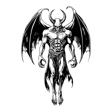 Kanatlı bir iblisin tehditkar tek renkli vektörü, ayrıntılı, kaslı, boynuzlar, pençeler, gotik korku tarzı, baskılar, dövmeler, oyun tasarımı için mükemmel..