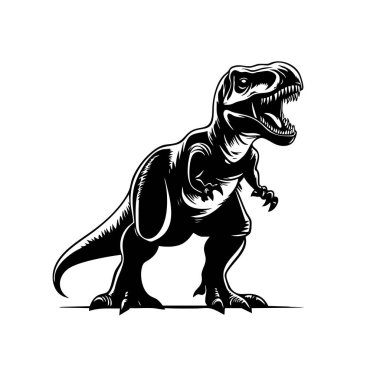 Tyrannosaurus Rex 'in güçlü monokrom vektörü, detaylı, kükreyen, tarih öncesi dinozor, baskılar, logolar, eğitici malzemeler için ideal..
