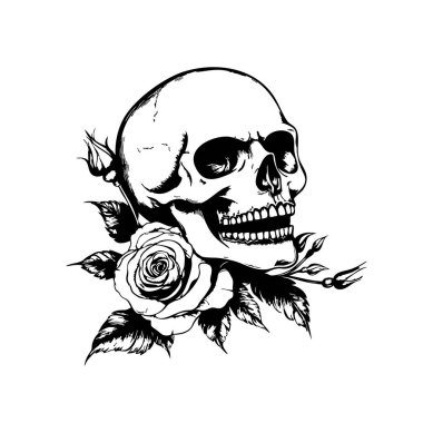 Hassas bir gül, ayrıntılı vektör illüstrasyonu, kontrastı, yaşam ve ölüm teması, baskılar veya dövme tasarımı için ideal, kolay düzenlenebilir katman.