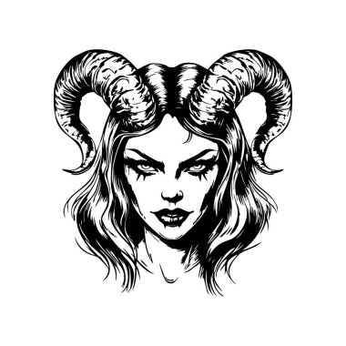 Striking monochrome vector portrait of a horned demon woman, detailed, alluring, mysterious, perfect for fantasy, gothic, or tattoo designs. clipart