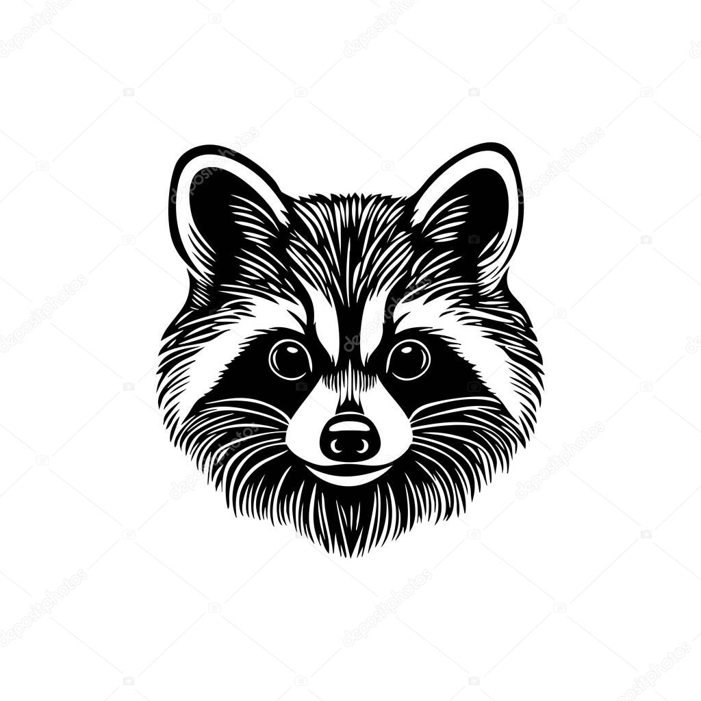 Detailed monochrome vector of a raccoon head, curious eyes, masked bandit, wildlife, ideal for logos, mascots, prints, nature themes. Easy editable layere, Wildlife Animals.