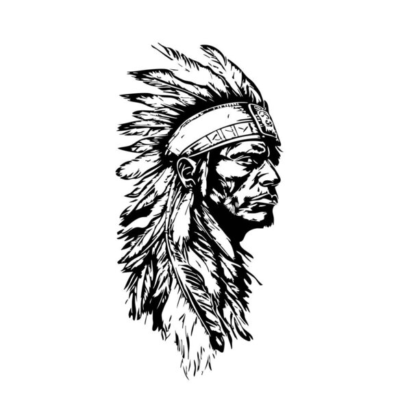 Illustration vector of a Native American chief in a traditional feathered headdress. Strong, stoic expression, perfect for logos and designs.