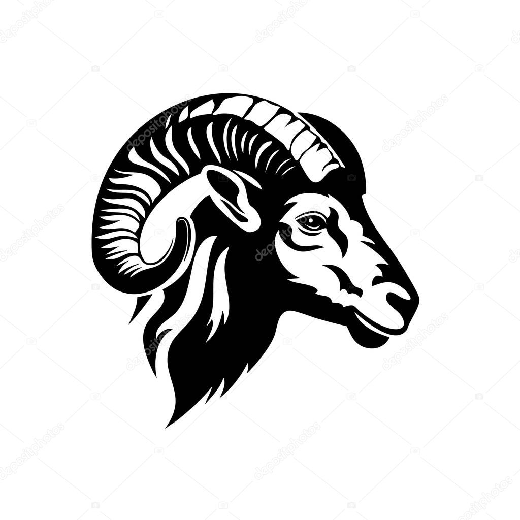 Monochrome vector of a bighorn sheep head, detailed, curved horns, wild animal, nature, ideal for logos, mascots, prints. Easy editable layere, Wildlife Animals.