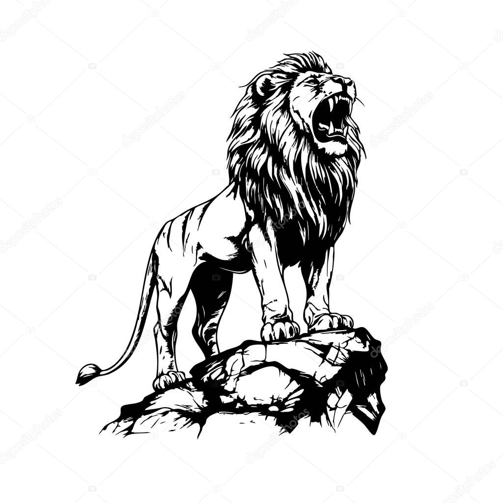 Vector of lion roaring on a rock, powerful black and white vector illustration. Detailed mane, strong pose. Ideal for logos, prints, representing strength, leadership. Wild, regal. Wildlife Animals.