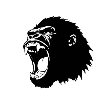 Saldırgan bir goril suratının siluet vektörü, açık ağızlı, ham güç, yoğunluk ve çarpıcı görsel etki gösteren koyu siyah-beyaz. Vahşi Yaşam Hayvanları.