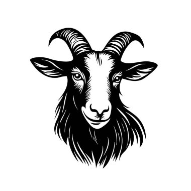 Detailed goat head vector illustration. Prominent horns, expressive eyes. Ideal for farm, nature, or zodiac-related designs. clipart