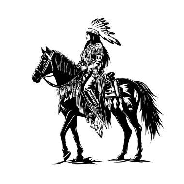 Black and white vector illustration of a Native American warrior in a feathered headdress riding a horse. Perfect for tattoos, logos, and historical designs. clipart