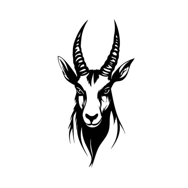 Black and white vector illustration of a chamois head with curved horns, isolated on a white background. Ideal for logos, tattoos, and wildlife designs.