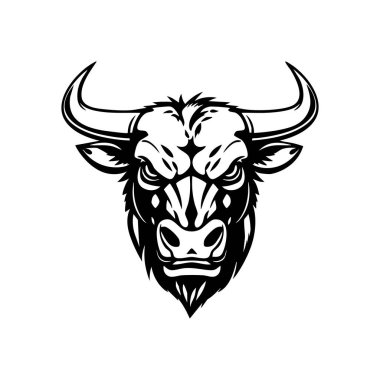 Vector of black and white bull head with fierce eyes and sharp horns. Perfect for logos, branding, and designs. Wildlife Animals. clipart