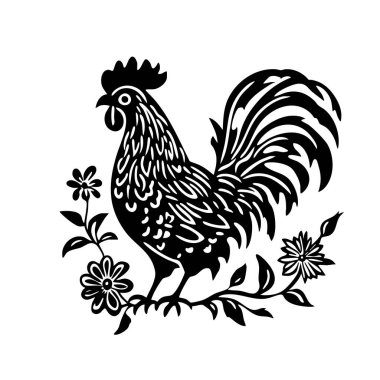 Geleneksel siyah siluet tarzı çiçek desenli halk sanatı horozu, kolay düzenlenebilir katman, çiftlik hayvanları..