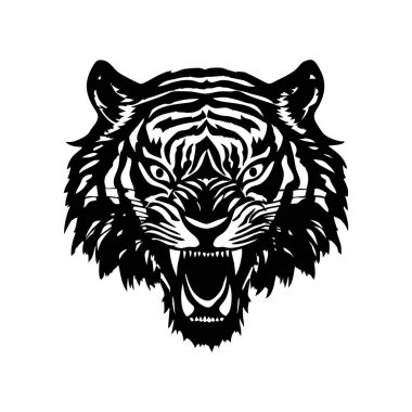 Kaplan kafası taşıyıcısı, hırıltılı hırıltılı, çarpıcı siyah beyaz şablon sanatı. Çok güçlü. Logolar, dövmeler ve agresif markalar için mükemmel. Vahşi Yaşam Hayvanları.