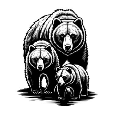 Bir ayı ailesinin siyah ve beyaz vektörü bir arada duruyor. Koyu çizgileri olan kabartma stili, vahşi yaşam temalı tasarımlar veya kırsal markalaşma için mükemmel.