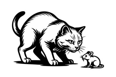 Avcılıktaki kedinin siyah-beyaz çizimi küçük fareyi takip ediyor, hayvan davranışları ve yırtıcı-av tasarım kavramları için mükemmel..