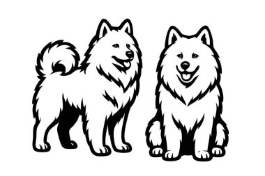 Mutlu ifadeleri olan iki Samoyed köpeğinin siyah-beyaz çizimi hayvan damgası, logo ve köpek sever tasarımları için mükemmeldir..