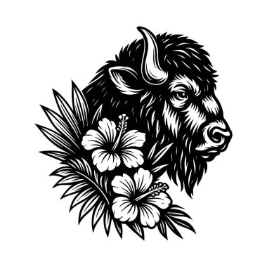 Amber çiçeği ve palmiye yapraklarıyla çevrili bir bizon kafasının çiçek vektör çizimi. Vahşi güç ve tropikal zarafetin mükemmel bir birleşimi..