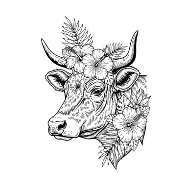 Tropik çiçek ve yapraklarla süslenmiş bir ineğin vektör çizimi. Çiftlik hayvanları.