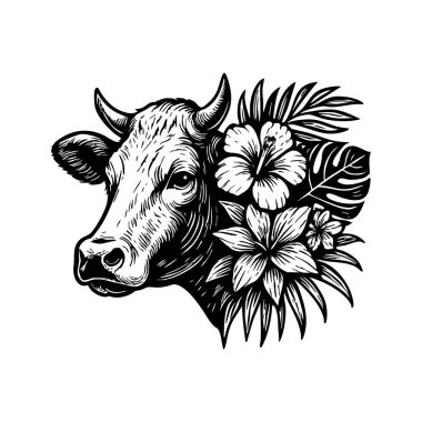 Tropikal çiçekli siyah-beyaz inek resmi, kalın çizgili kabartma stili, çiftlik hayatının zarif birleşimi ve çiçek güzelliği..
