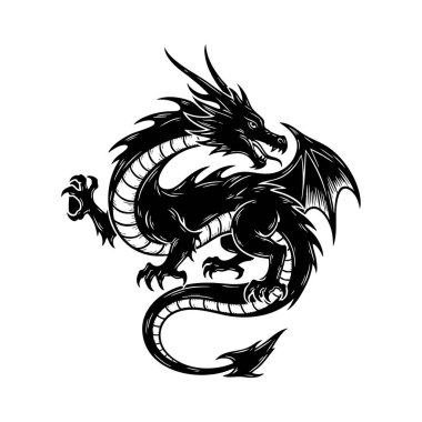 Geleneksel Asya tarzında vahşi siyah beyaz ejderha illüstrasyonu. Efsanevi güç ve gücü gösteren detaylı oyma tasarımı..