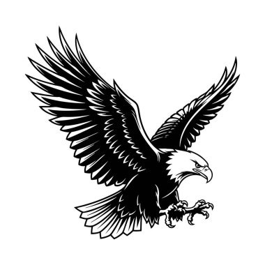 Geniş kanatları olan güçlü kartal saldırganca süzülüyor. Siyah-beyaz vektör, özgürlüğü ve gücü simgeliyor. Kuşlar.