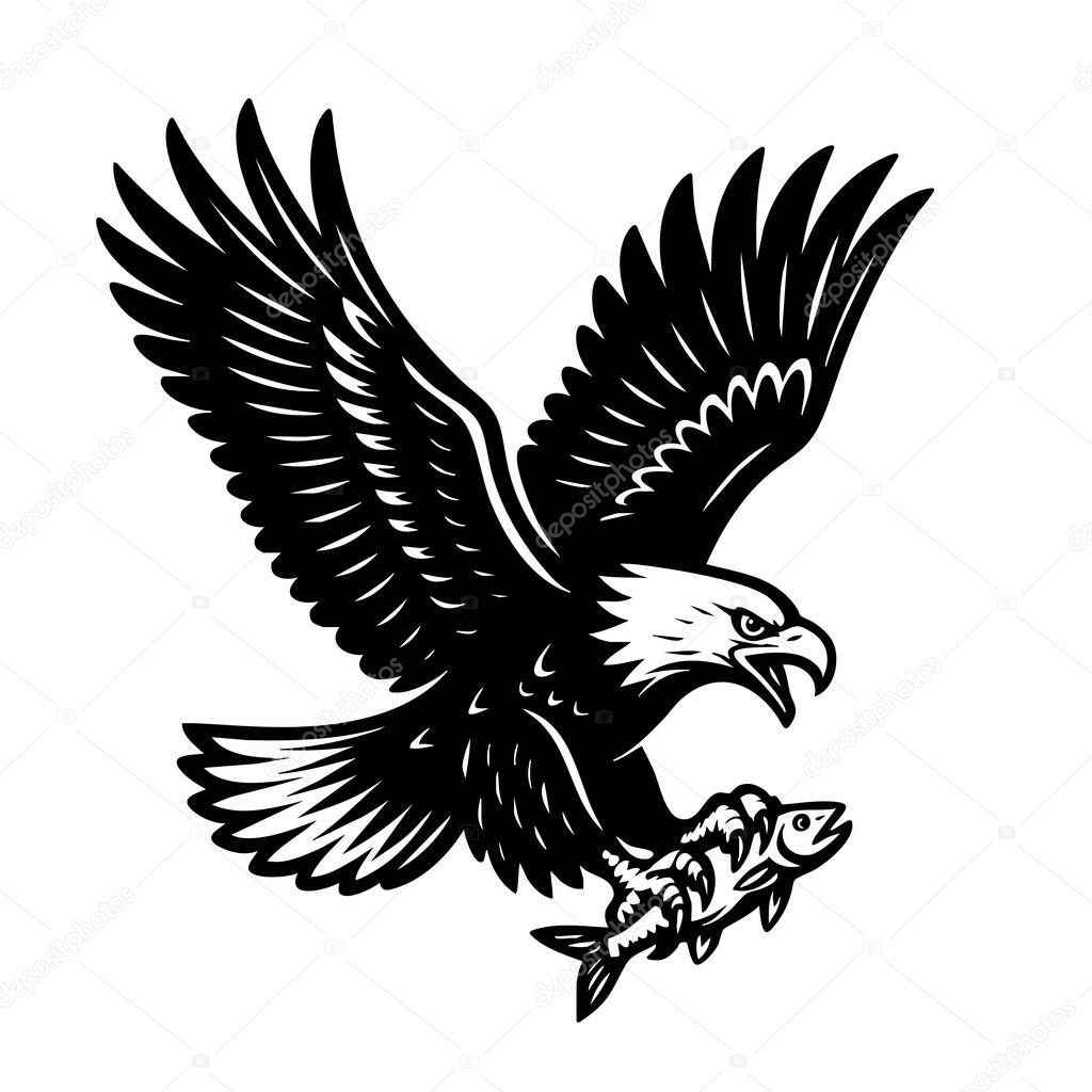 Bold black and white vector of a majestic eagle soaring with a fish in its talons, ideal for logos, tattoos, wildlife prints, and nature-themed designs.