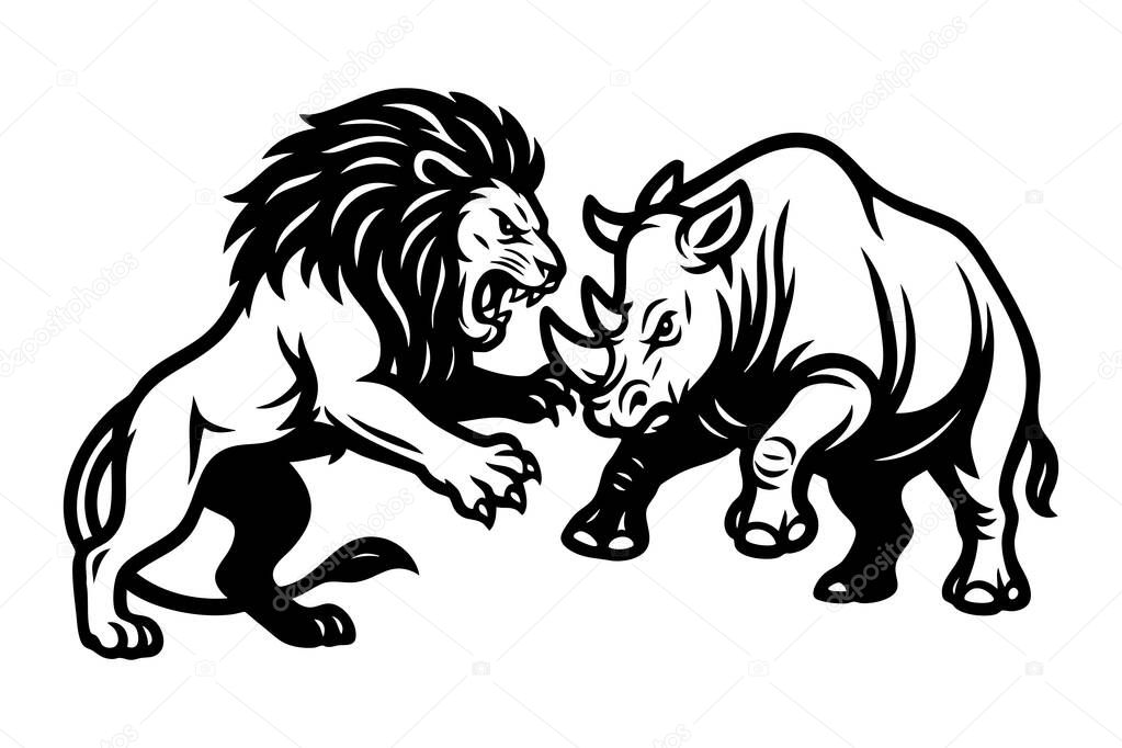 A fierce black and white vector illustration of a lion clashing with a rhinoceros. Perfect for logos, tattoos, and powerful wildlife-themed designs. Animals.