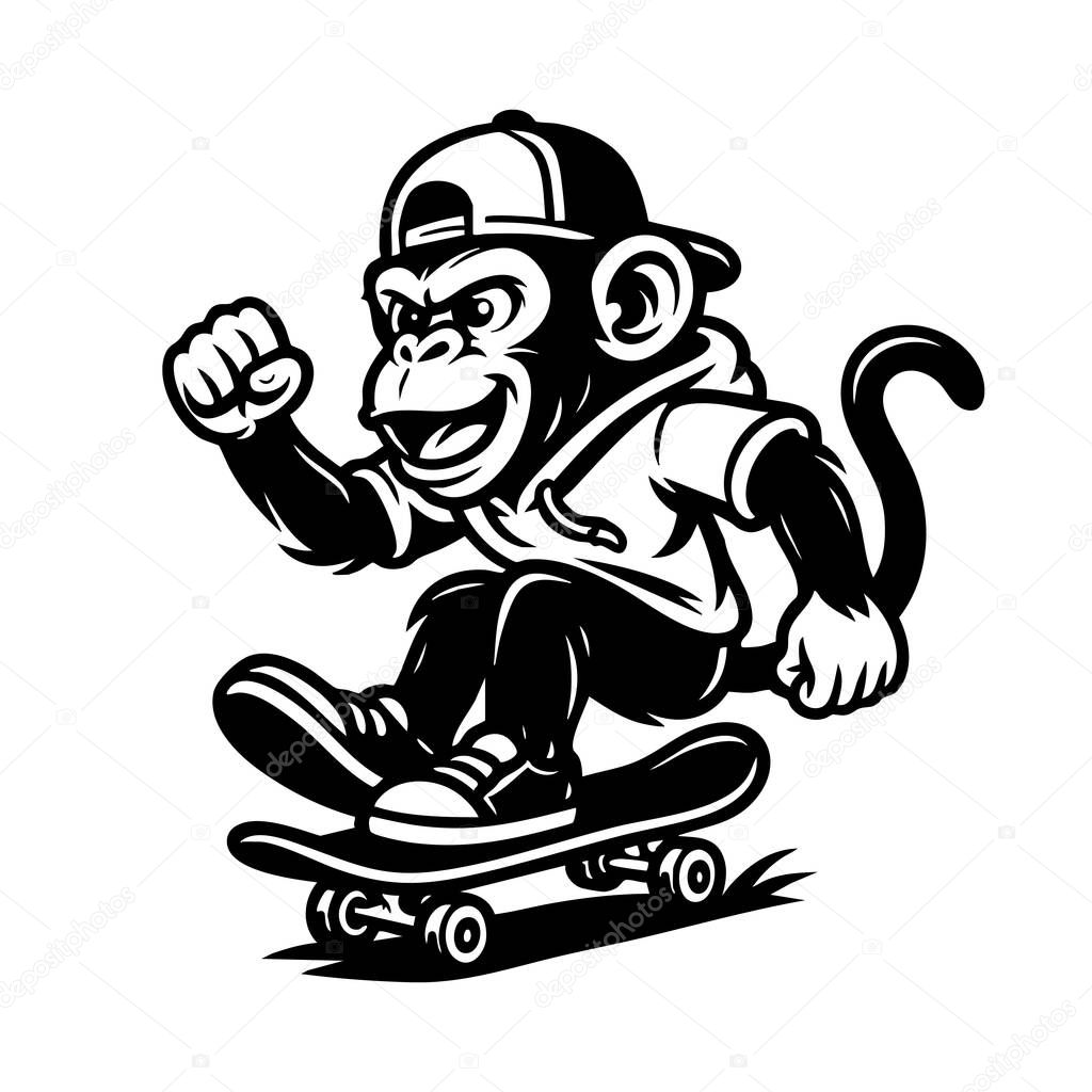 Cool monkey wearing a hoodie and cap, riding a skateboard with attitude. Urban cartoon style perfect for youth fashion, prints, and street culture designs.