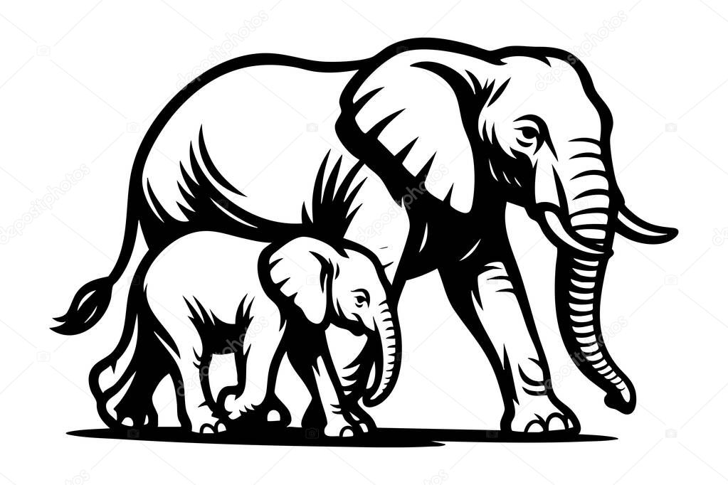 Mother elephant and baby walk side by side in a bold black and white vector illustration. Perfect for wildlife prints, logos, tattoos, or apparel designs.