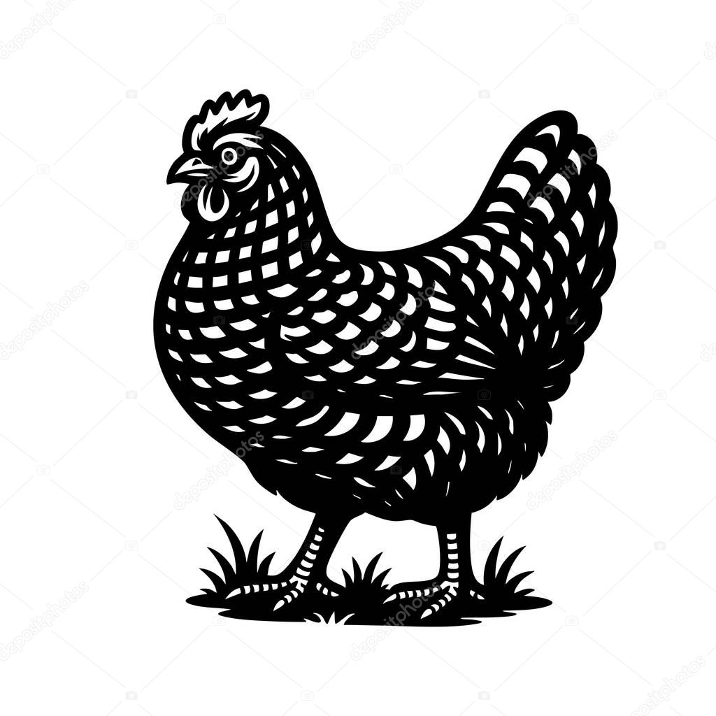 Black and white vector of a Plymouth Rock chicken standing on grass with distinct barred feathers. Ideal for farm logos, vintage prints, and rustic decor. Animal.