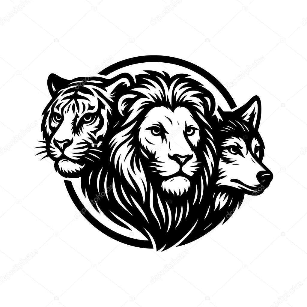 Monochrome logo style illustration of a tiger, lion, and wolf in a circular emblem. Bold lines, fierce expression, isolated on white background. Wildlife Animals.