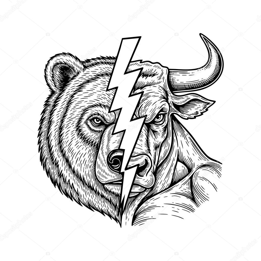 Bold vector art of a bear and bull face split by lightning, symbolizing financial market forces in dramatic contrast, perfect for finance themes.