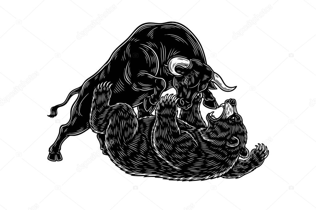 Powerful black and white woodcut-style illustration of a bull dominating a bear in a fierce symbolic battle, isolated on white background.