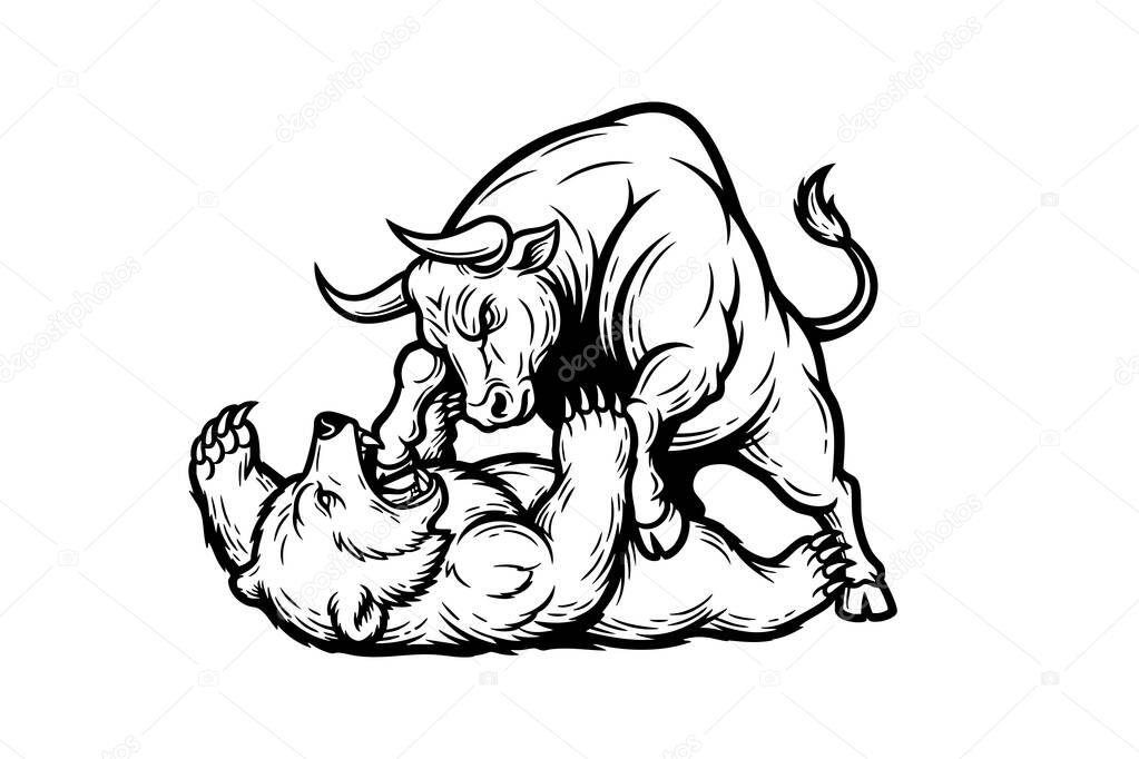 Bull fights bear fiercely in dramatic black and white style, symbolizing financial market conflict with aggressive power and dynamic motion.