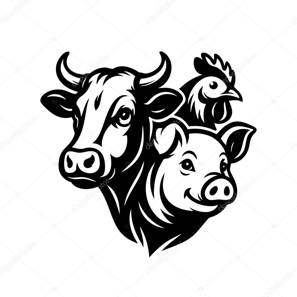 Veector of cow, pig, and chicken head grouped in friendly farmyard logo design. Farm animals.