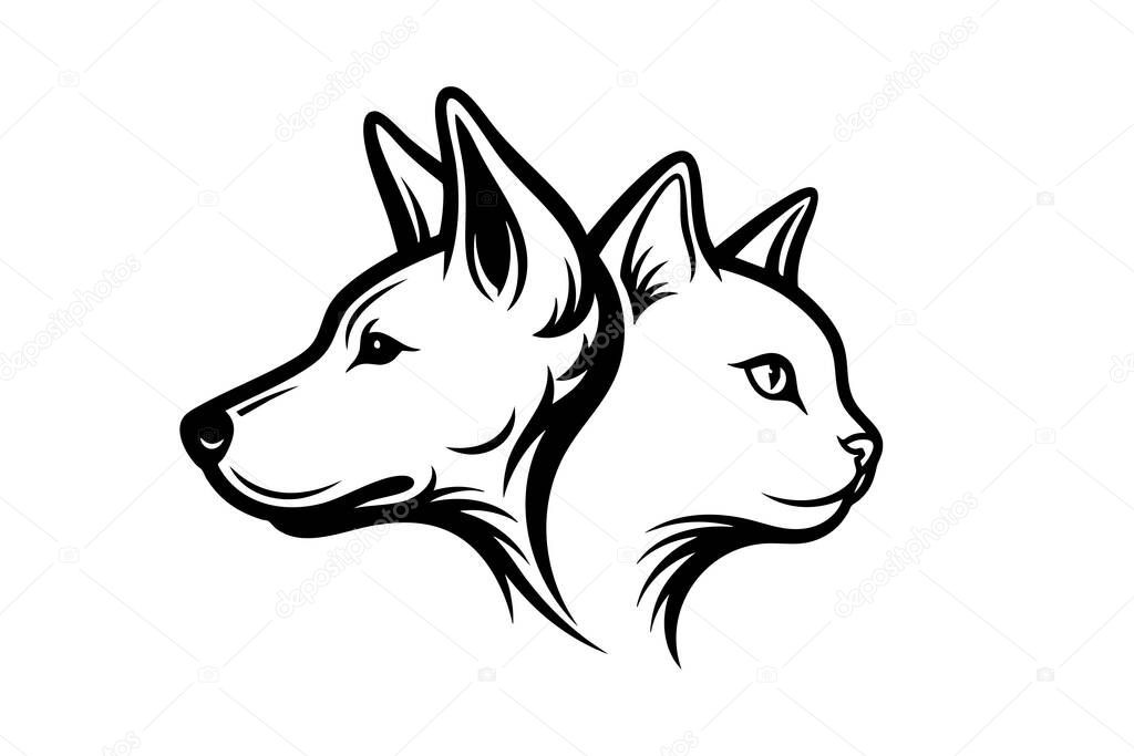 Stylized black and white vector illustration of dog and cat heads facing opposite directions, great for pet brand logos or veterinary services.
