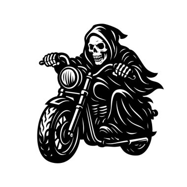 Ölüm meleği dramatik siyah pelerinli motosiklet sürüyor. Ölüm, hız ve isyanı simgeliyor. Cesur, yüksek kontrastlı vektör çizimi ile..