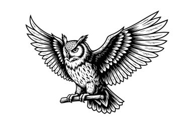 Güçlü baykuş, bilgeliği ve ihtiyatı simgeleyen siyah ve beyaz oymalı bir dalın üzerine tüneyerek kanatlarını açıyor..