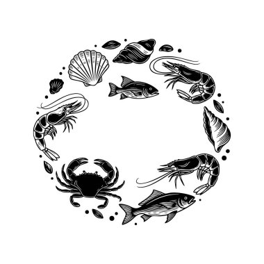 Siyah ve beyaz vektör sanatında karides, yengeç, balık ve kabuklu stilize deniz ürünleri dairesi logosu menüler, restoranlar veya gıda markaları için mükemmel..