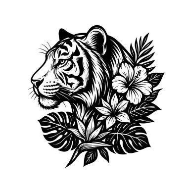 Zarif kaplan kafasının taşıyıcısı amber çiçeği ve orman yapraklarıyla süslenmiş dramatik siyah beyaz bir skeç. Vahşi Yaşam Hayvanları.