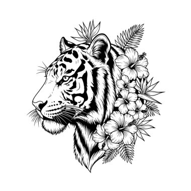 Tropikal çiçeklerle çevrili görkemli bir kaplan kafasının yan profili. Siyah beyaz vektör sanatı. Güç ve zarafeti harmanlıyor..