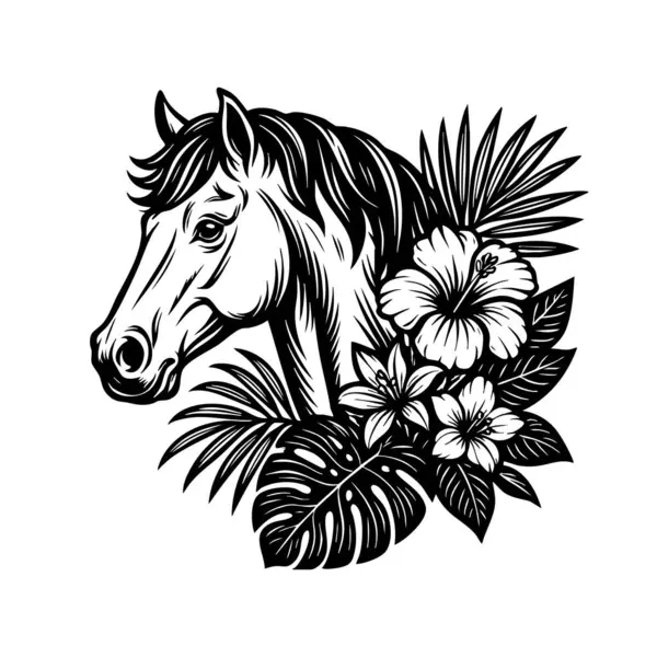 Zarif at kafası süslenmiş siyah ve beyaz çiçekli amber çiçekleriyle çevrili..