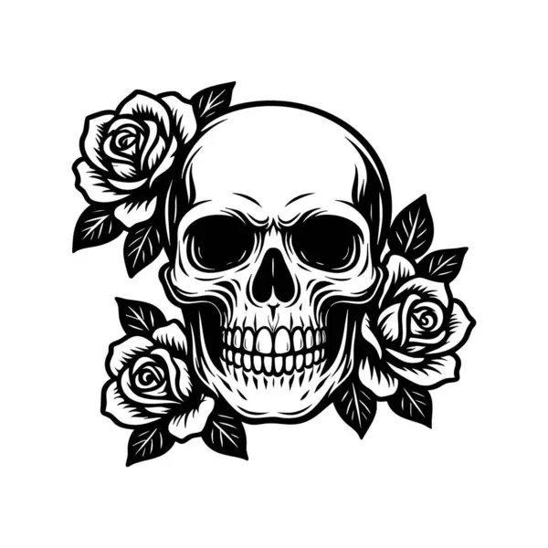Karmaşık gülleri ve yaprakları olan cesur bir kafatası tasarımının vektör çizimi.