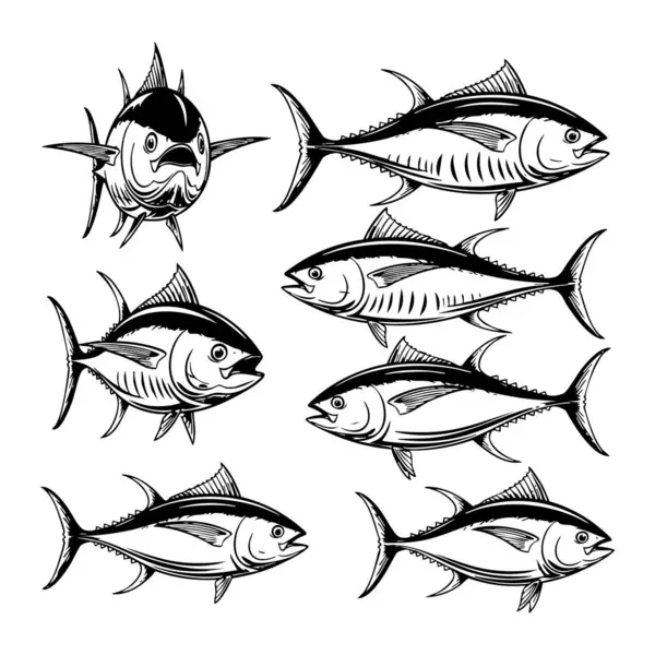 Çeşitli yüzme pozlarında birden fazla ton balığı illüstrasyonunun vektör çizimi, Balık, sualtı hayvanları