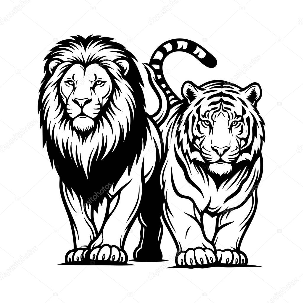 Vector illustration of powerful lion and tiger standing side by side, Wildlife Animals.
