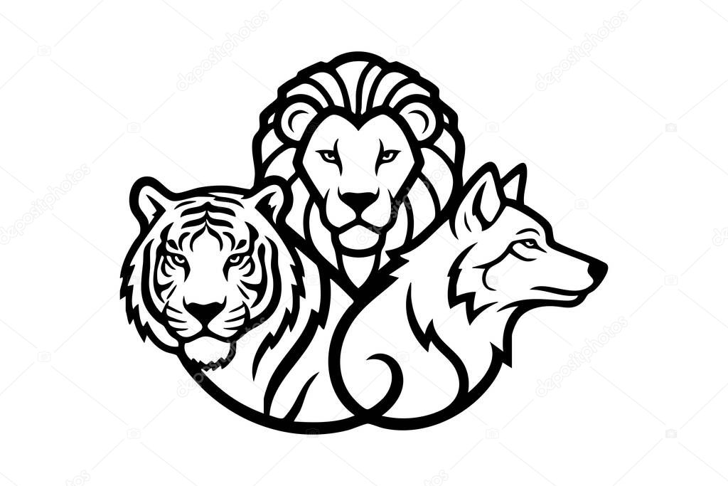 Bold graphic of tiger, lion, and wolf heads in a trio composition, showing powerful wildlife icons in symmetrical black-and-white style.